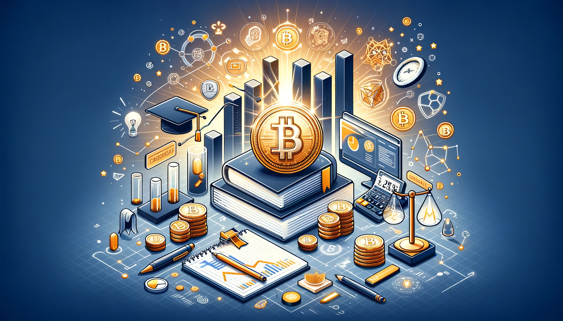 Imagen conceptual que representa el aprendizaje y la maestría en criptomonedas, mostrando monedas digitales, gráficos de crecimiento y símbolos educativos como un diploma y un libro, todo dentro de un diseño moderno y futurista para el curso Domina las Criptomonedas por Alvarburn