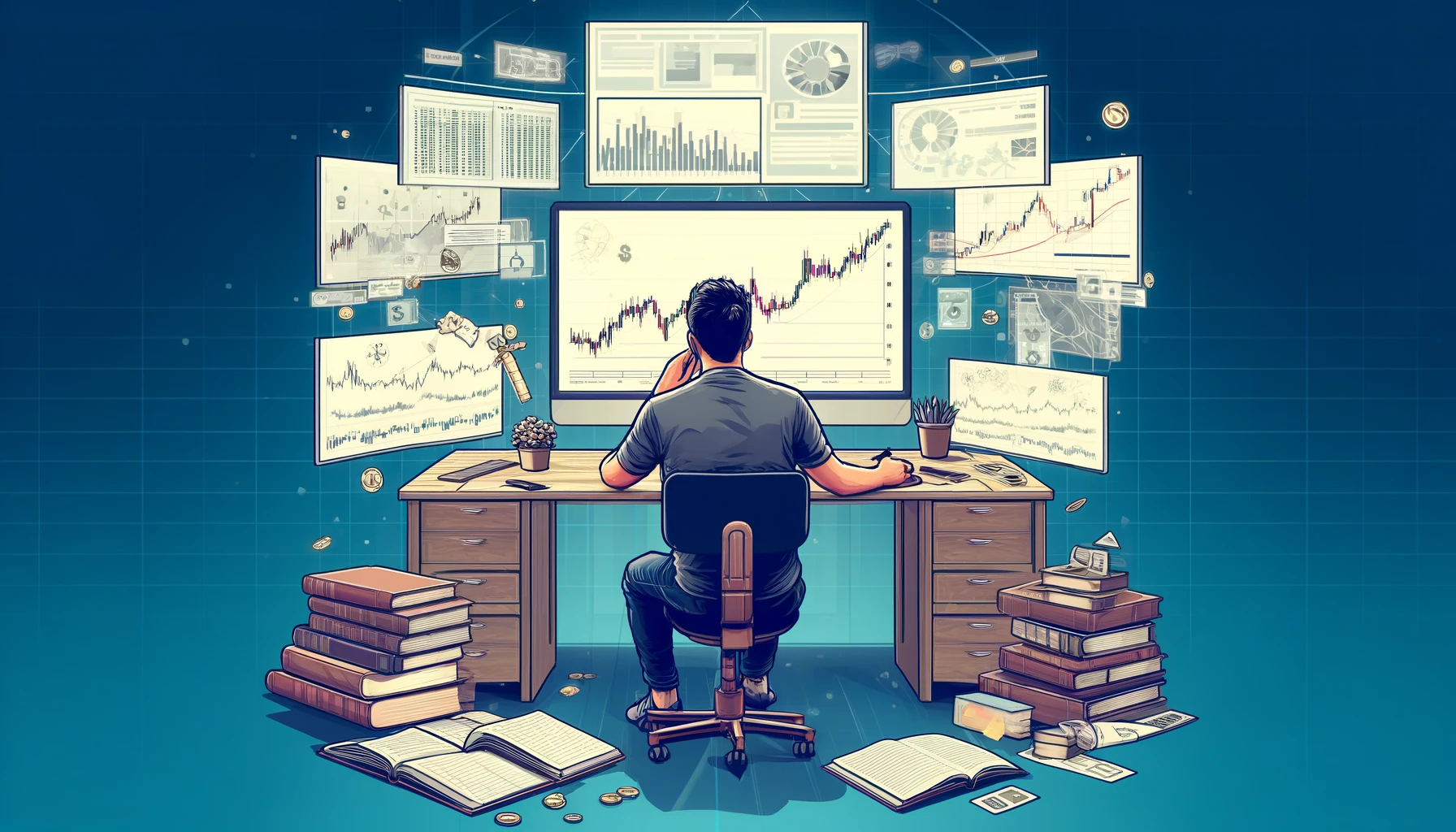 Persona concentrada investigando sobre criptomonedas, rodeada de pantallas con datos y gráficos, reflejando el enfoque en la investigación propia antes de invertir.