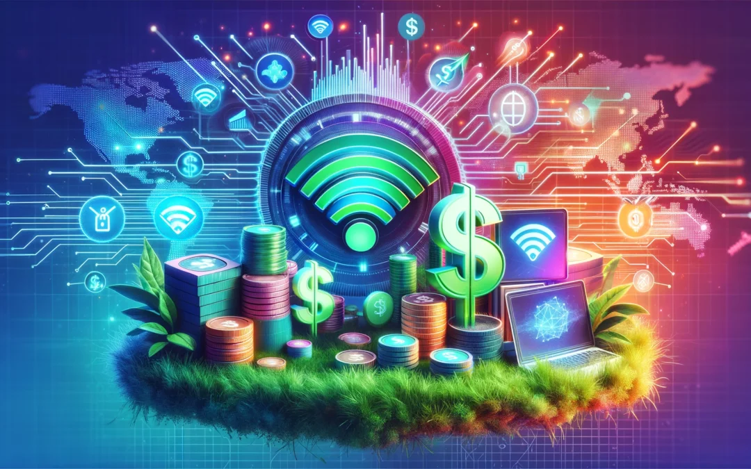 magen de cabecera para blog mostrando el concepto de monetización del ancho de banda de internet no utilizado, con símbolos de conectividad como señales de Wi-Fi y redes digitales, junto a símbolos de moneda para representar la generación de ingresos. Estilo moderno y digital con elementos futuristas para reflejar la innovación de Grass.io, dirigido a audiencias interesadas en tecnología y oportunidades de ingresos pasivos.